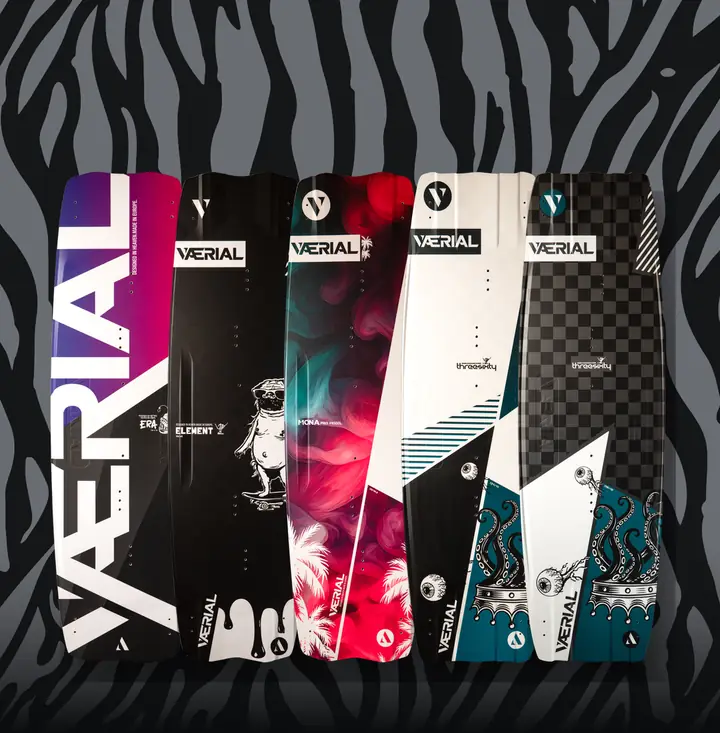 The five VÆRIAL kiteboards ERA, ELEMENT, MONA, THREESIXTY and THREESIXTY ADV on the VÆRIAL zebra print
